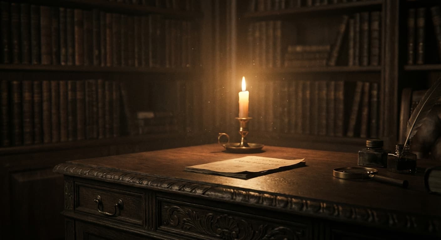 Victorian study with candle and pamphlet