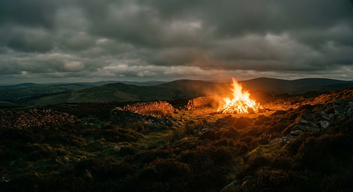 Bonfire on Welsh hilltop at night