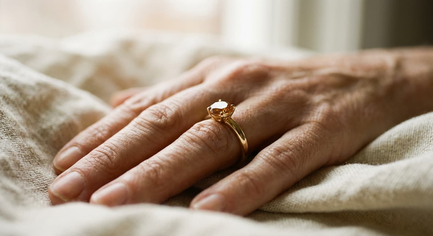 A cremation memorial diamond ring on a hand