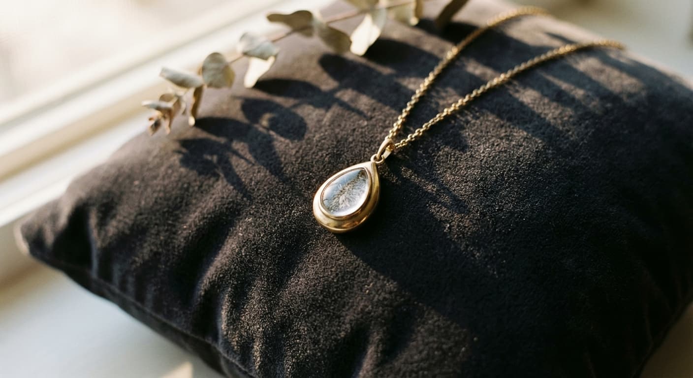 A memorial ash pendant necklace on velvet